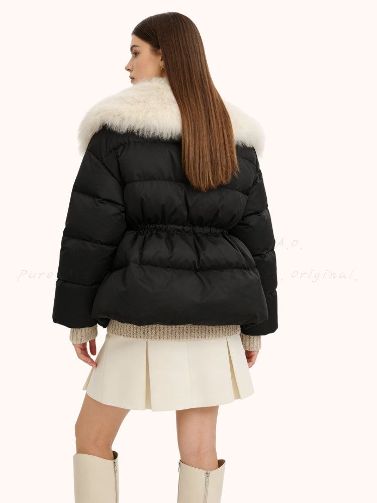 Warm Down Jacket with Turn-Down Collar & Detachable Fur Trim
