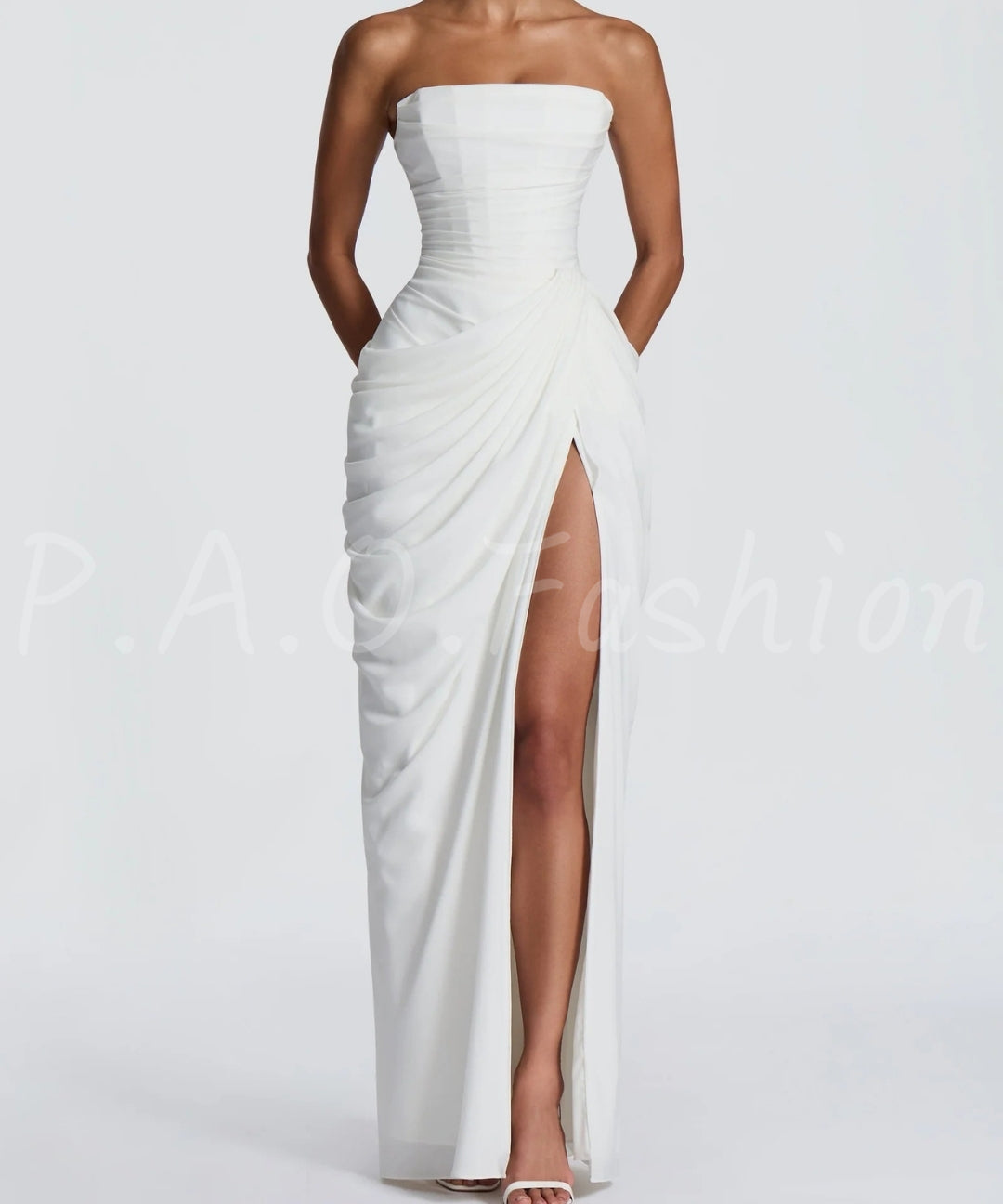 Strapless Ruched Slit Maxi Dress[Available Now]