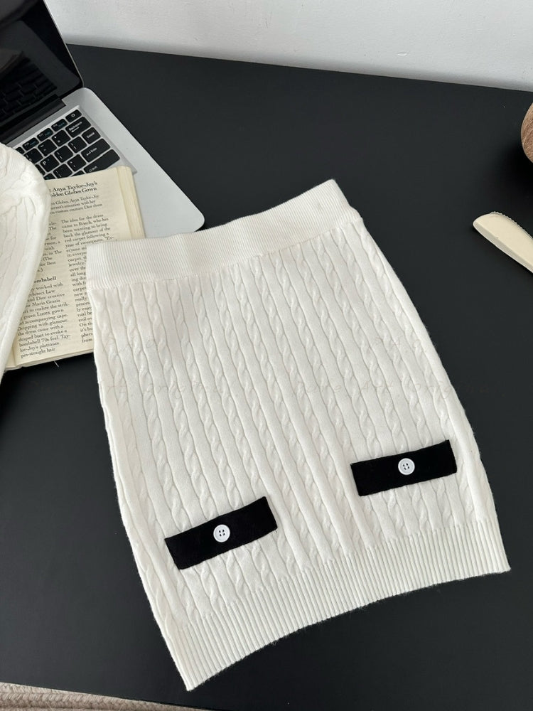 Contrast Bow Knit Cardigan & Mini Skirt Two-Piece Set