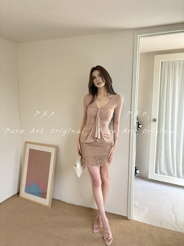 V-Neck Ruched Knit Top & Lace Pencil Skirt Set