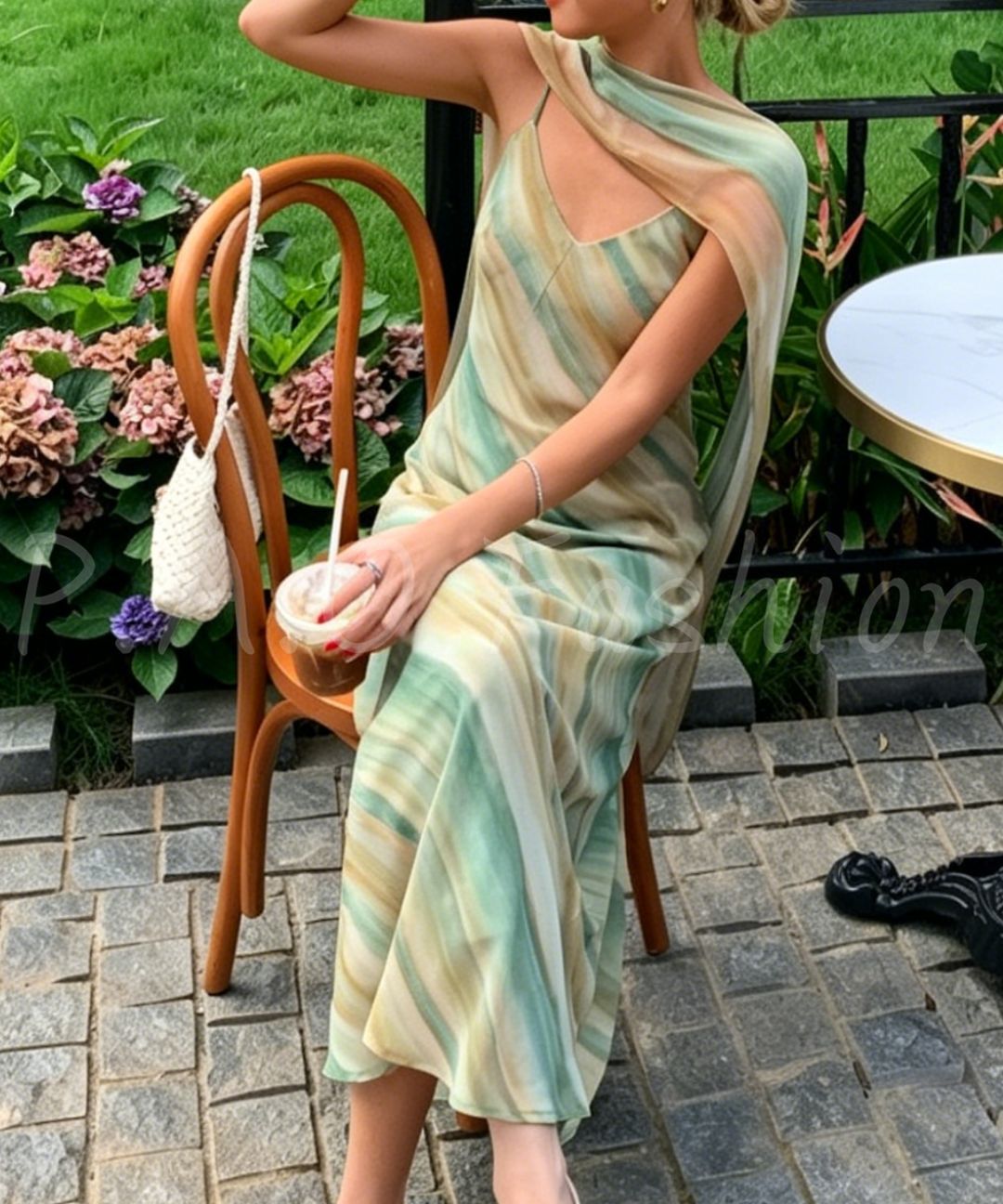 Watercolor Print Scarf-Tie Mermaid Maxi Dress