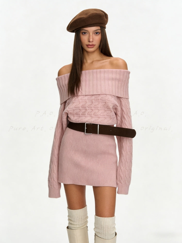 High-Neck Knit Mini Dress with Belt