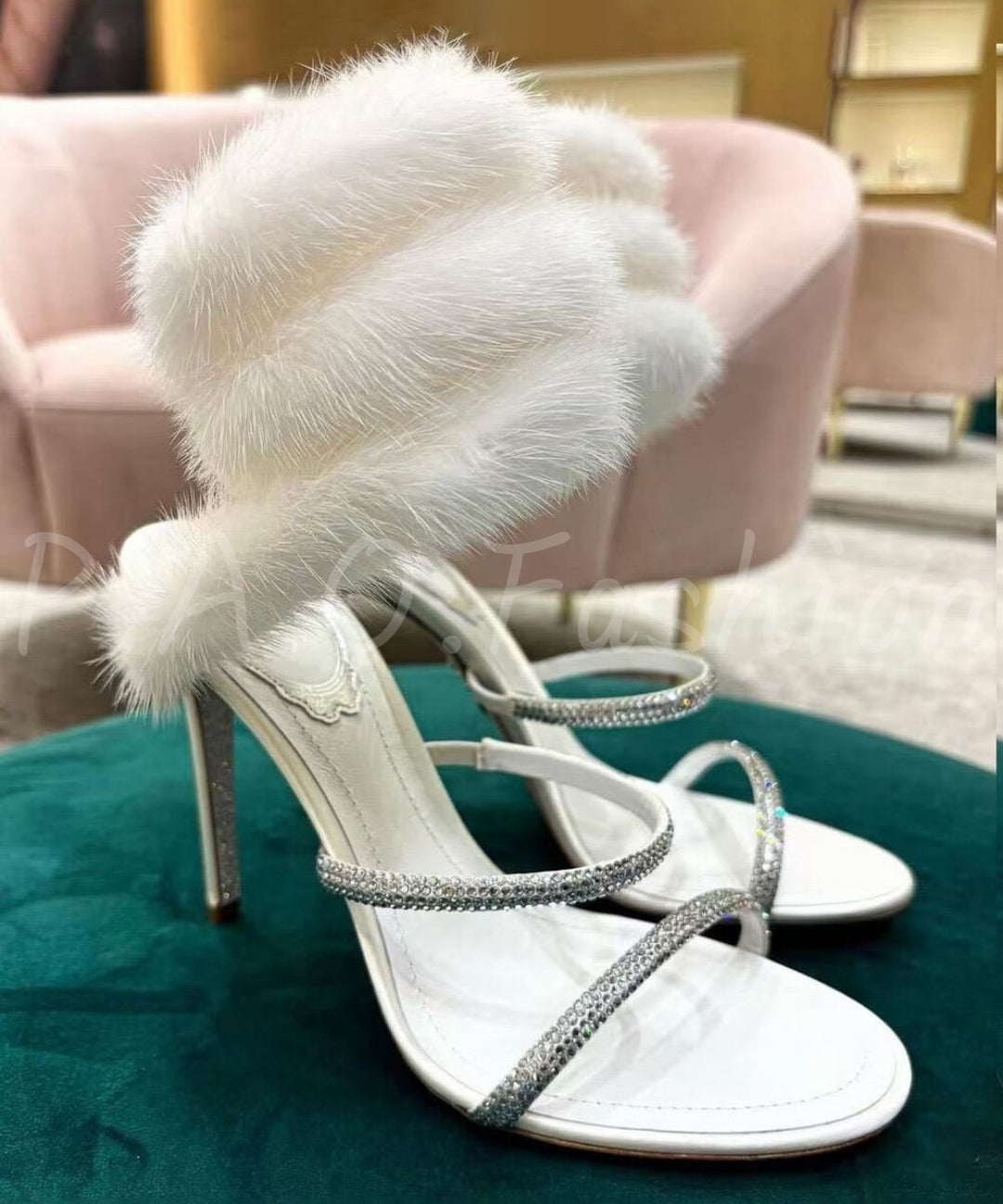 Rhinestone Feather Tie-Up Heeled Sandals