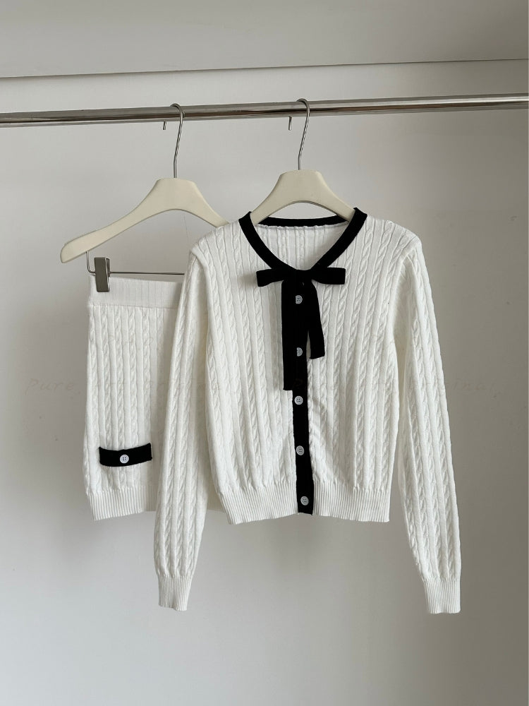 Contrast Bow Knit Cardigan & Mini Skirt Two-Piece Set