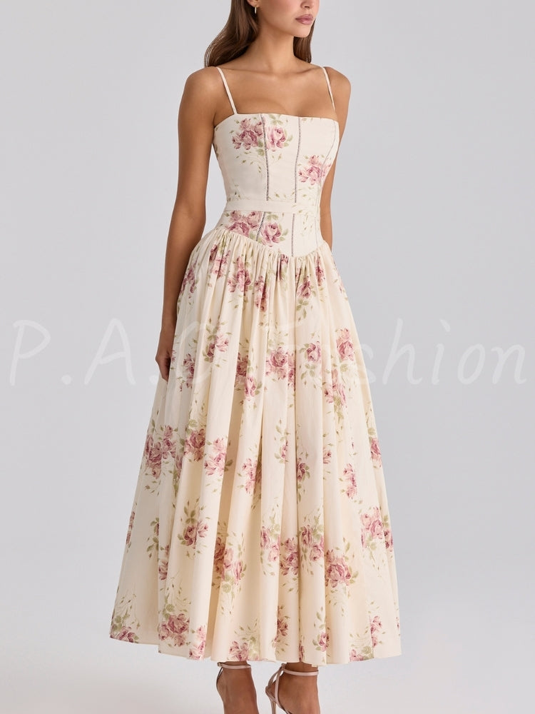 Rose Print Corset A-Line Dress