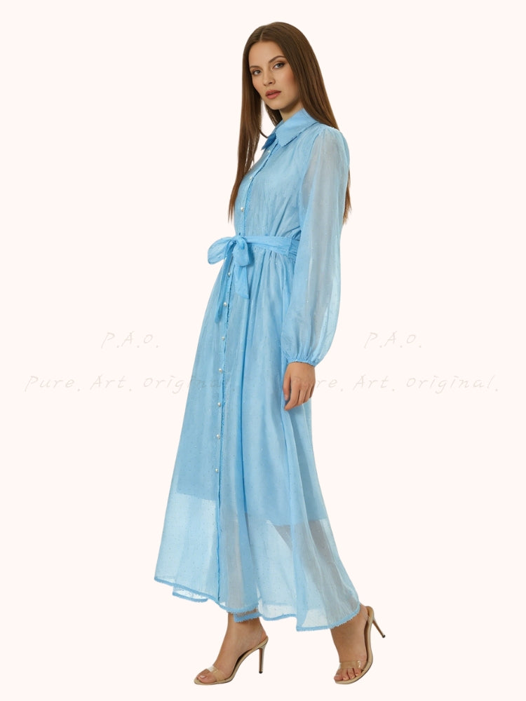 Rhinestone Organza Trim Tie-Waist Maxi Dress