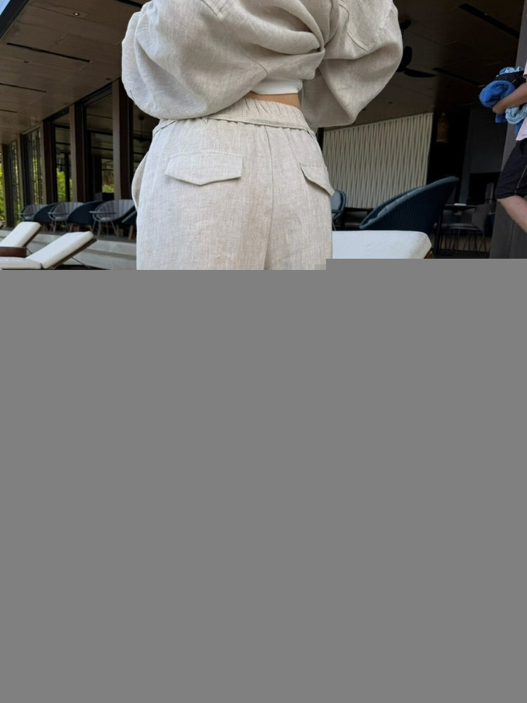 French Relaxed Linen Drawstring Wide-Leg Pants