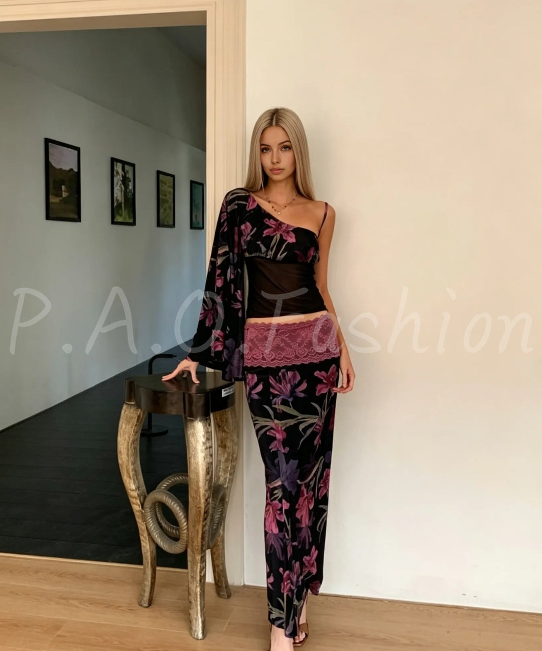 One-Shoulder Floral Mesh Top & Slit Maxi Skirt Set