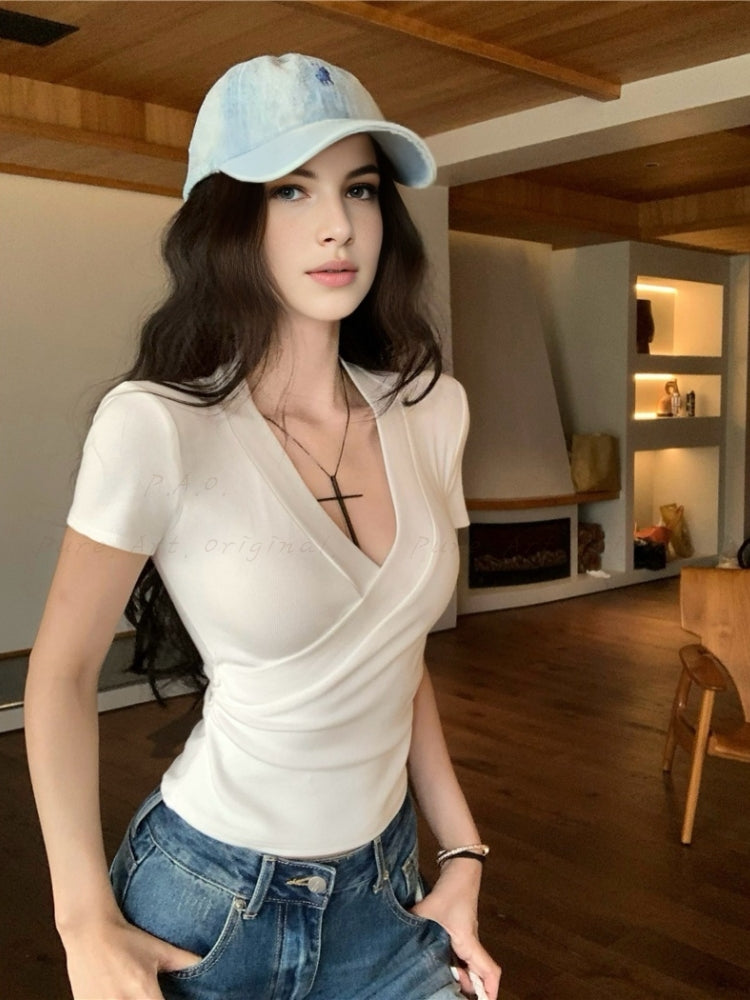 Cross-Front V-Neck Short Sleeve T-Shirt