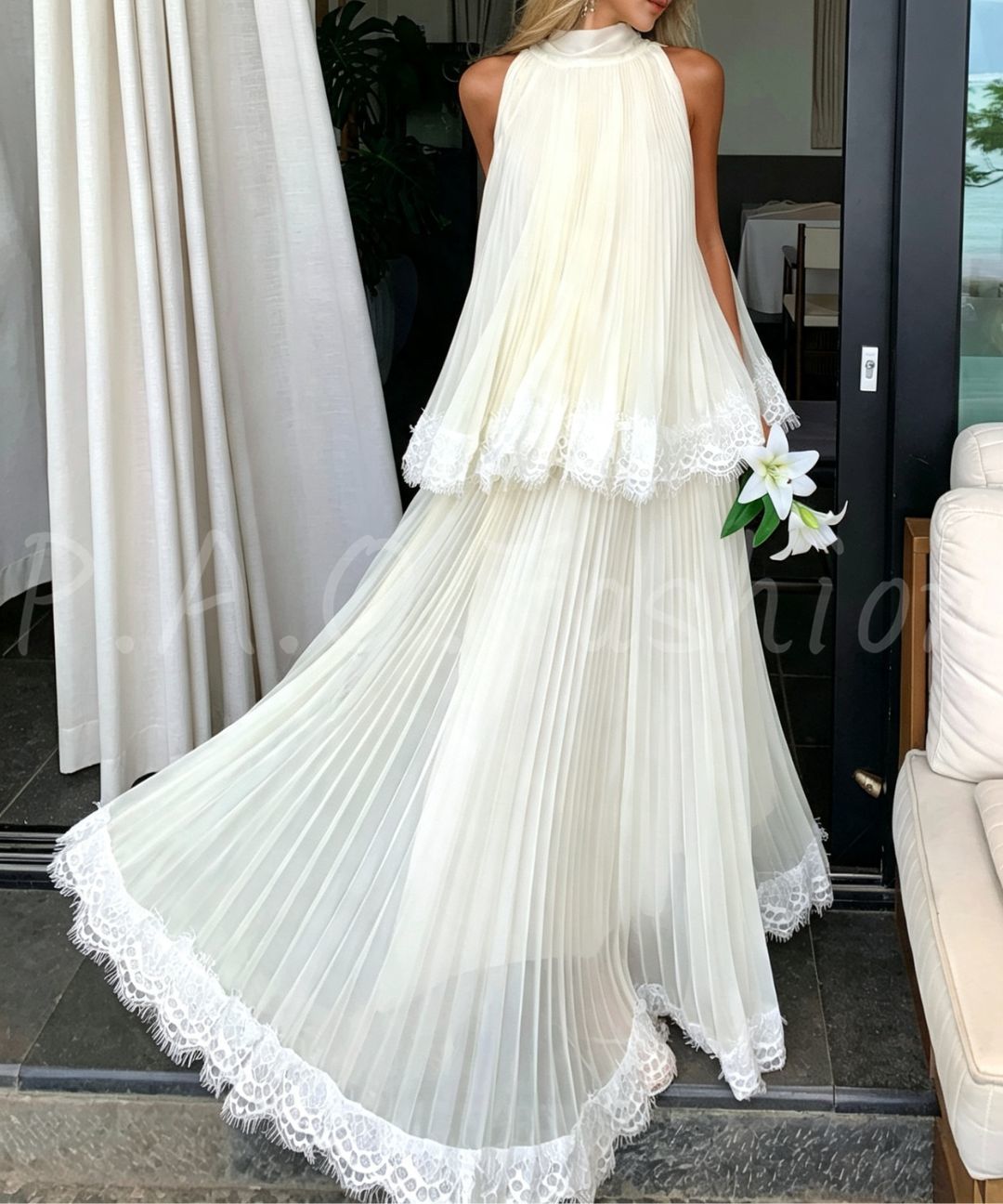 Halter Pleated Lace Maxi Skirt Two-Piece Set