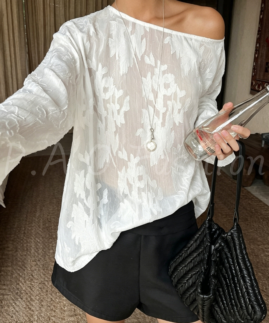 French One-Shoulder Jacquard Long Sleeve Top[Available Now]