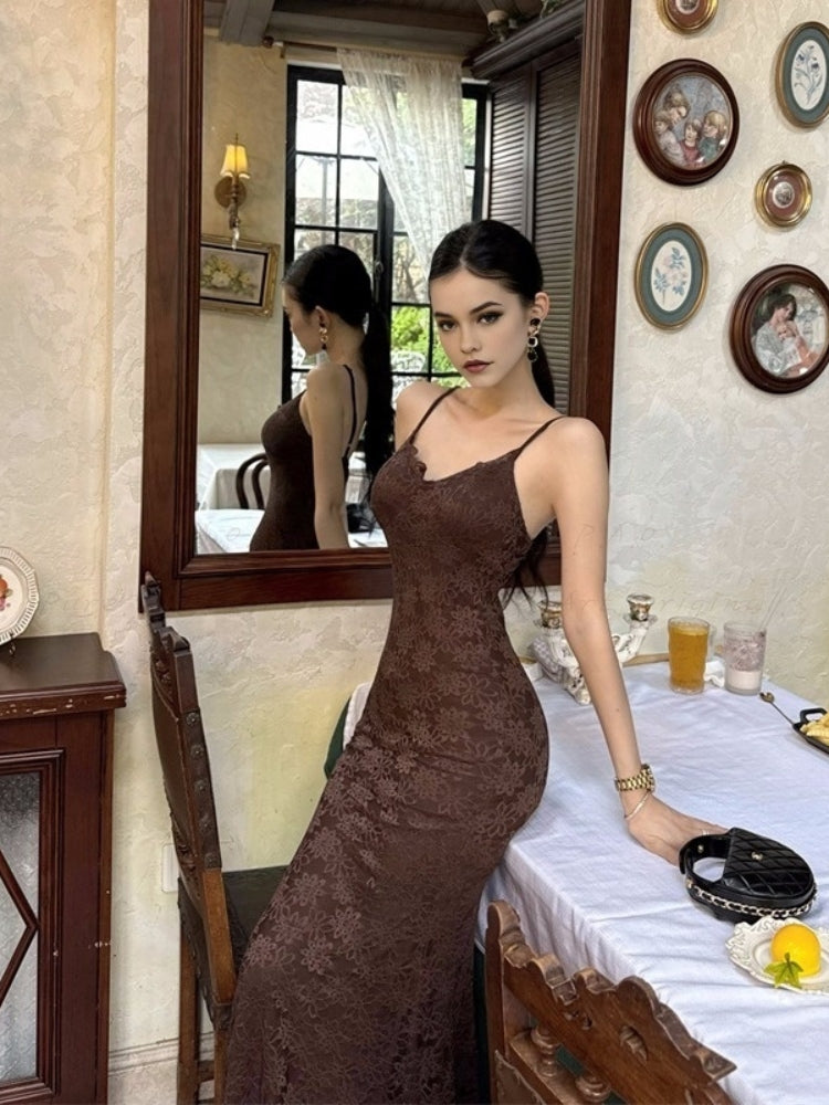 3D Floral Lace Waist-Cinching Maxi Dress