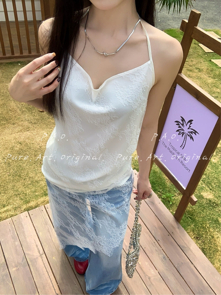 Satin Lace Halter Cowl Neck Cami