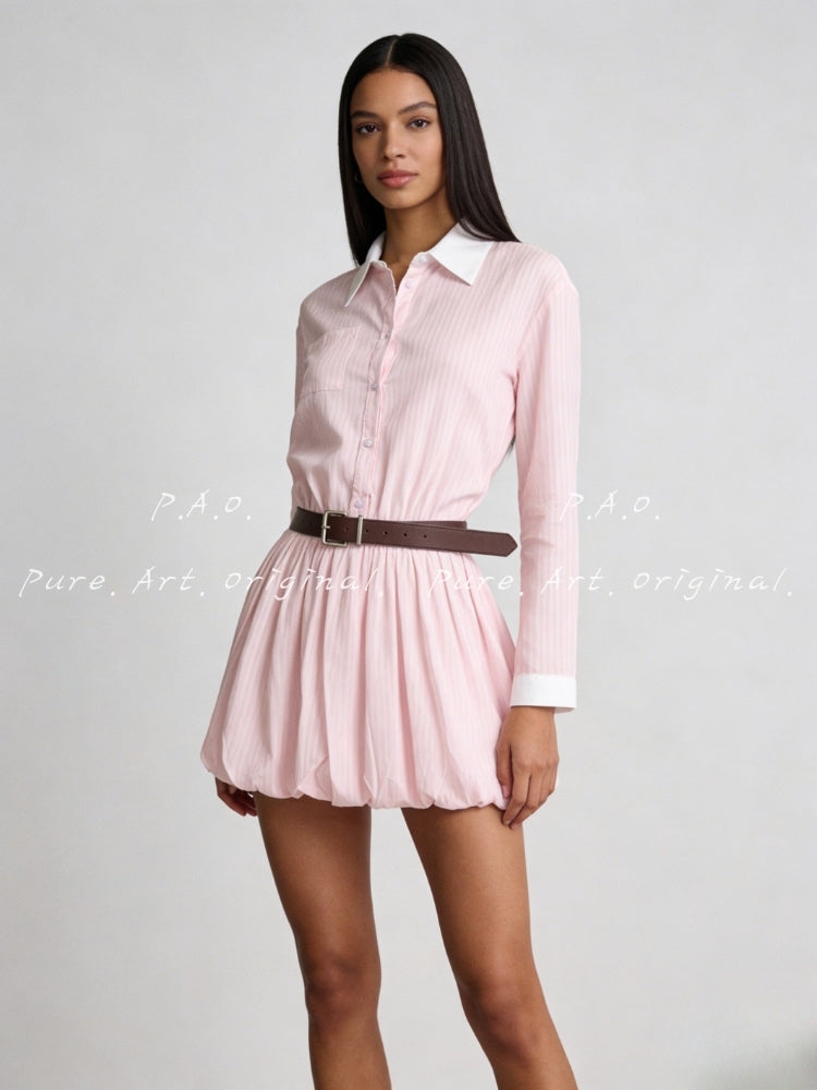 Blush Stripe Bubble Hem Shirt Dress