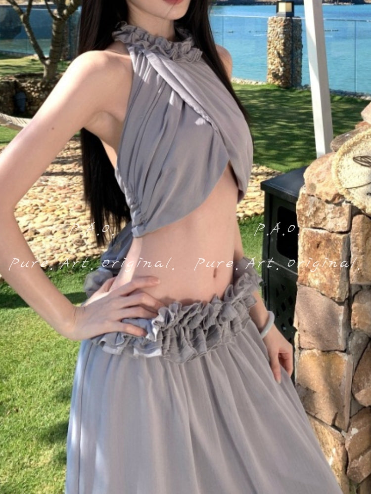 ÉLAN HALTER CUT-OUT RUFFLE TWO-PIECE MAXI SET