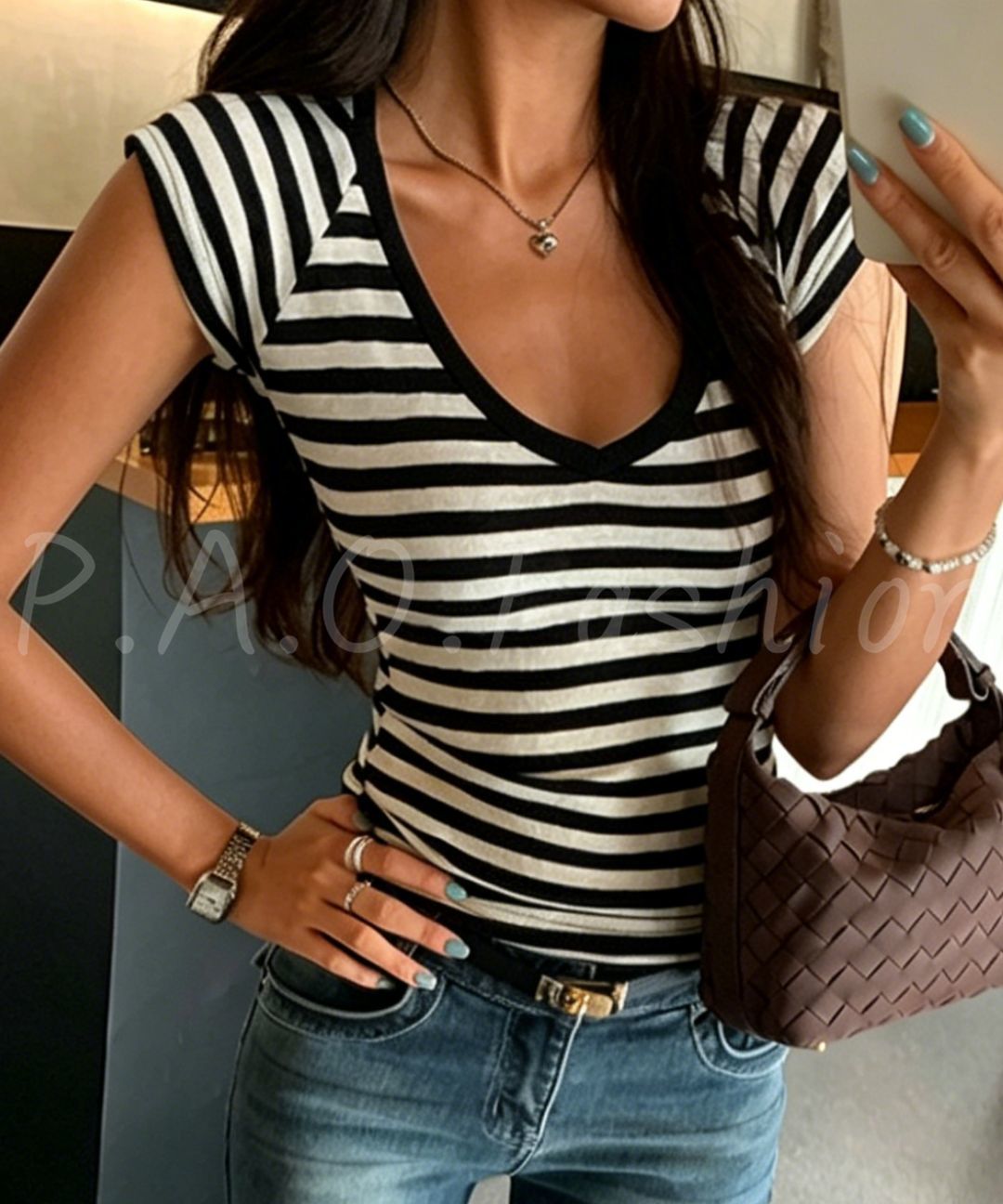 Striped V-Neck Knit Top
