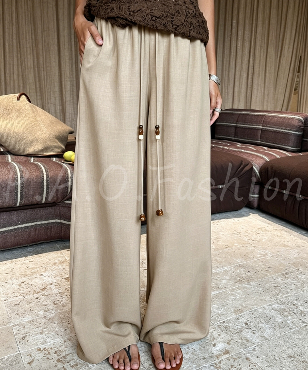 Draped Wide-Leg Pants with Beaded Drawstring[Available Now]