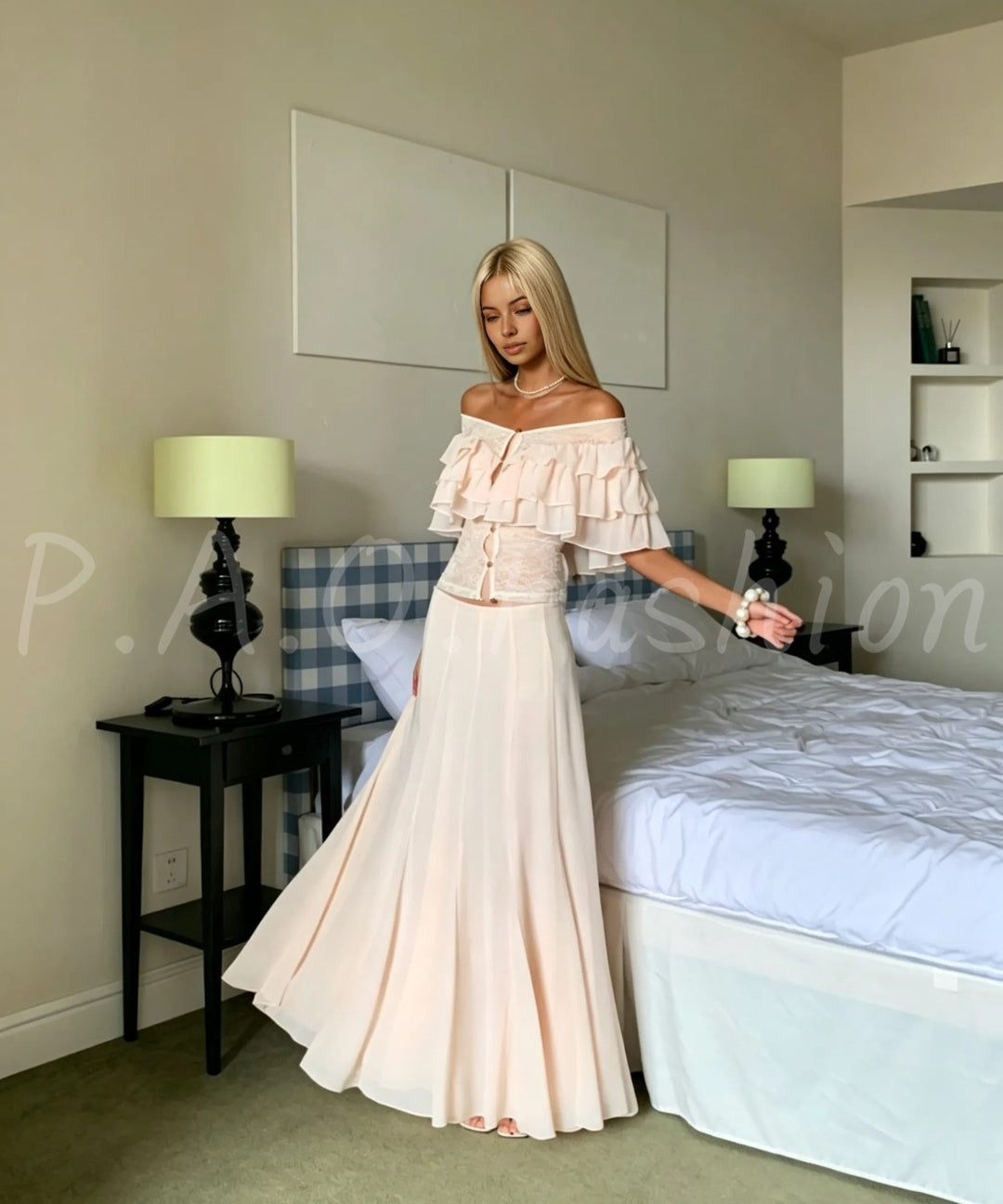 Off-Shoulder Ruffle Lace Top & Flowing Maxi Skirt Two-Piece Set