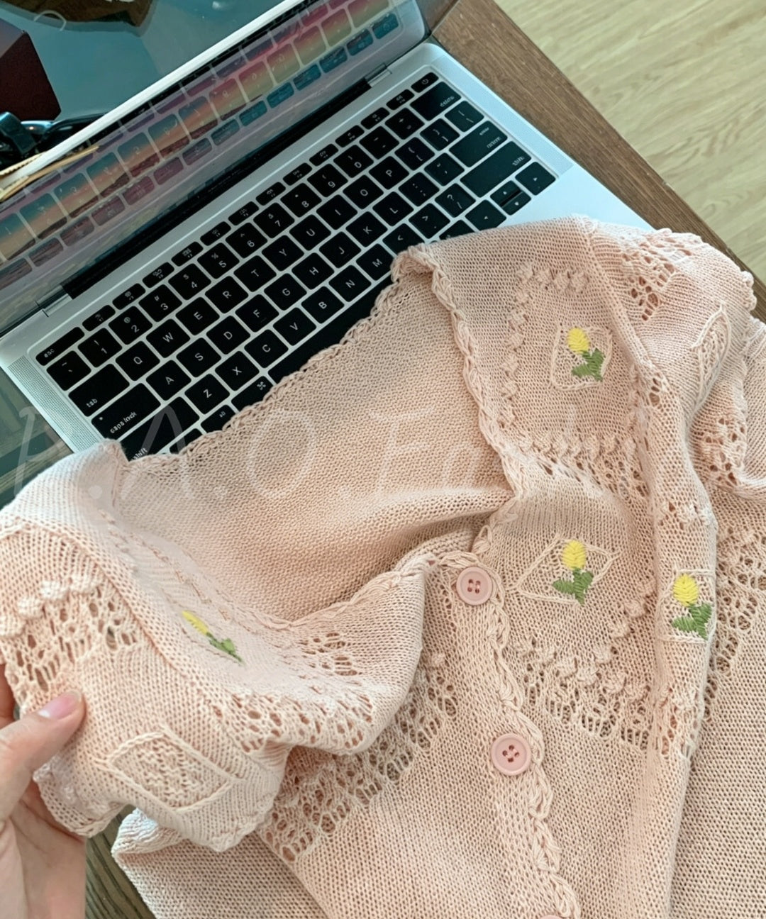 Embroidered Open-Knit V-Neck Short Sleeve Cardigan