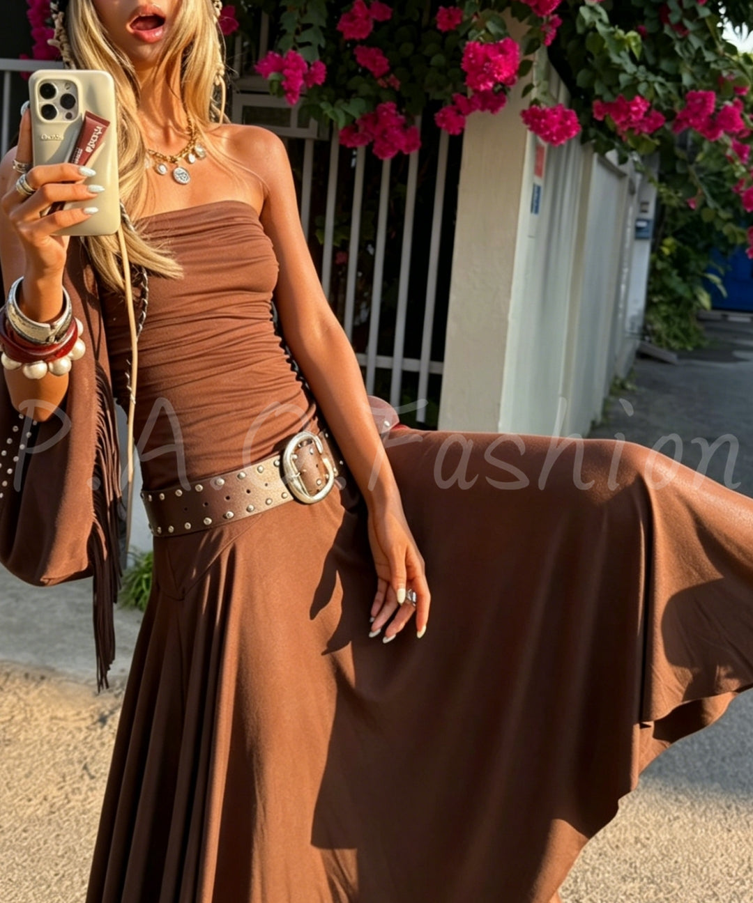 Strapless Ruched Belted Maxi Dress[Available Now]
