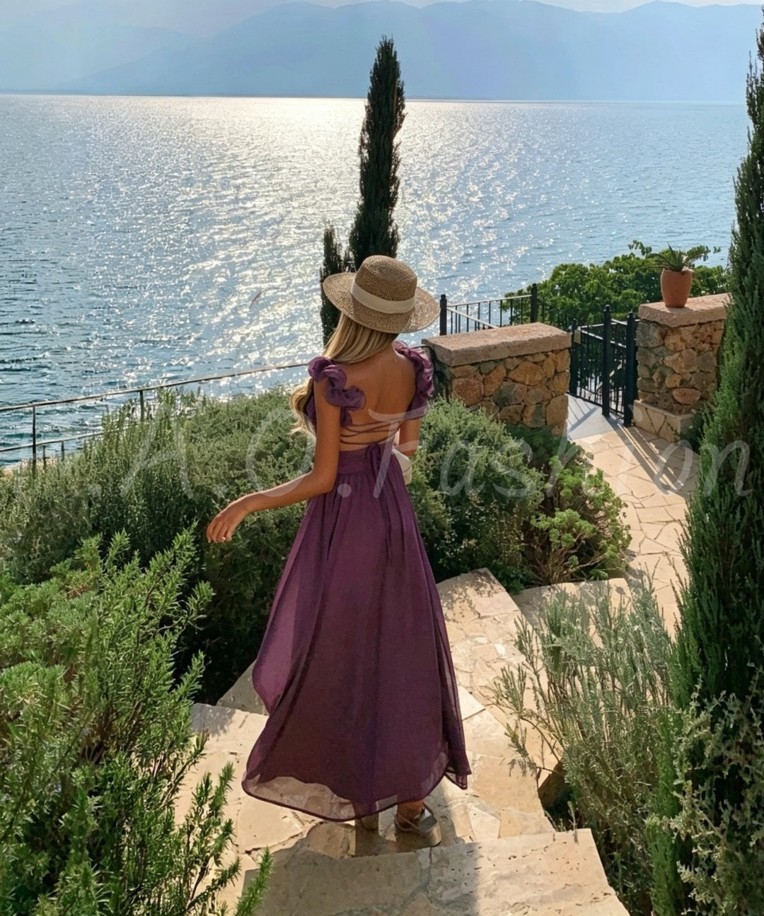 Ruffle Shoulder Open-Back Chiffon Maxi Dress