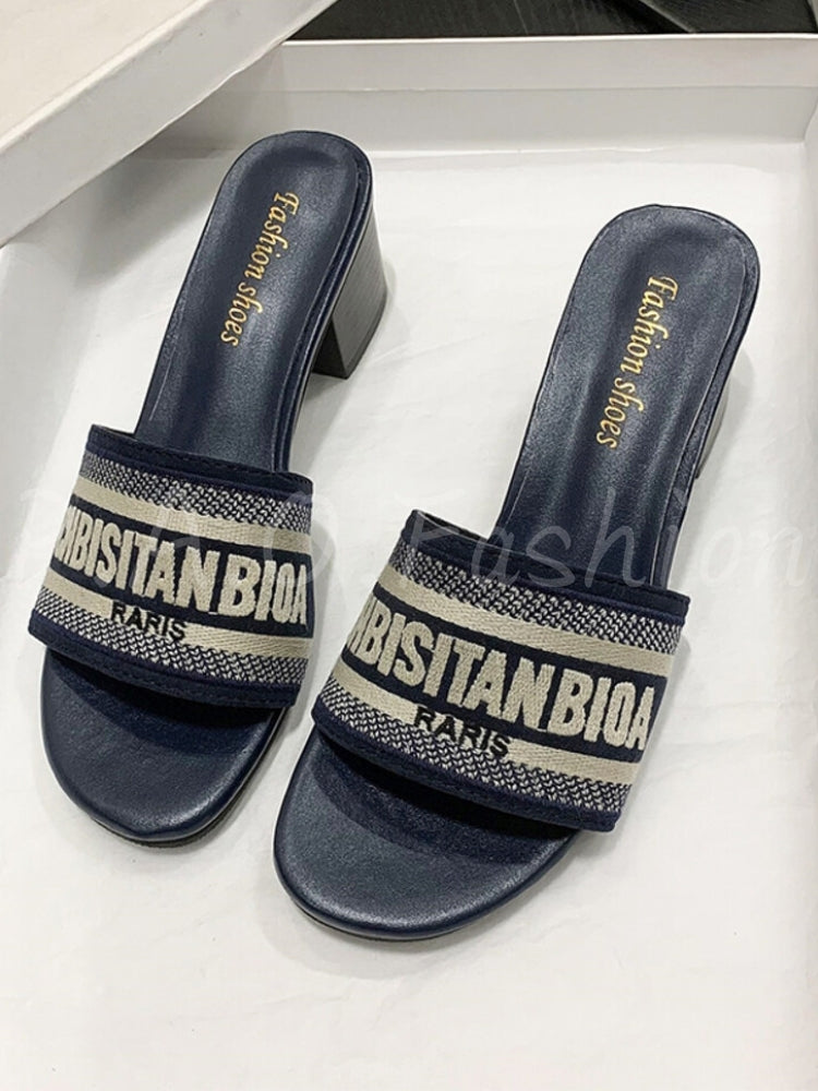 Embroidered Square-Toe Block Heel Slide Sandals