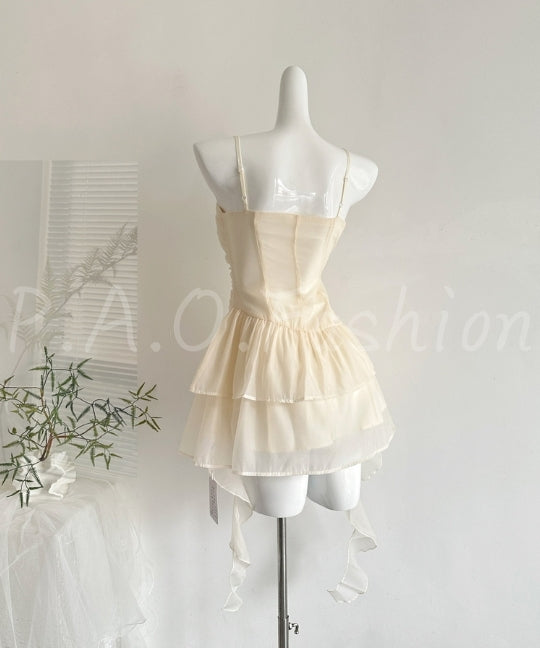 Apricot Tulle Ruched Tiered Mini Dress[Available Now]