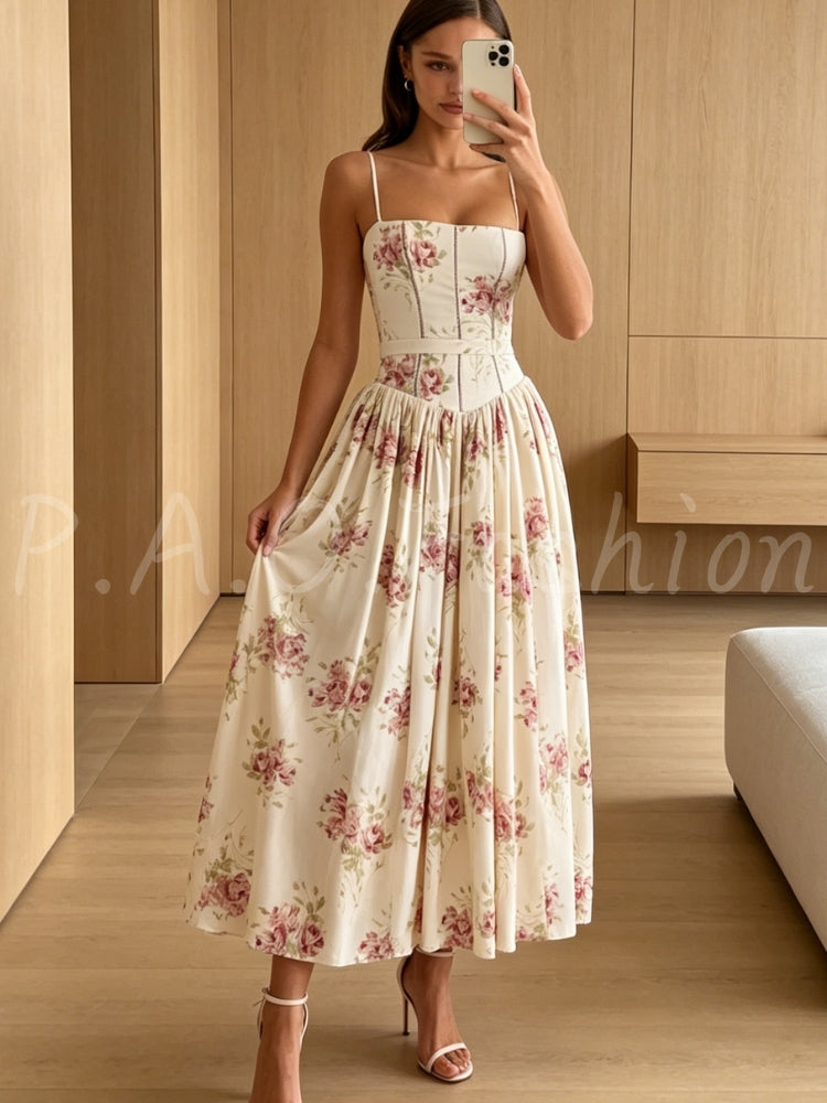 Rose Print Corset A-Line Dress