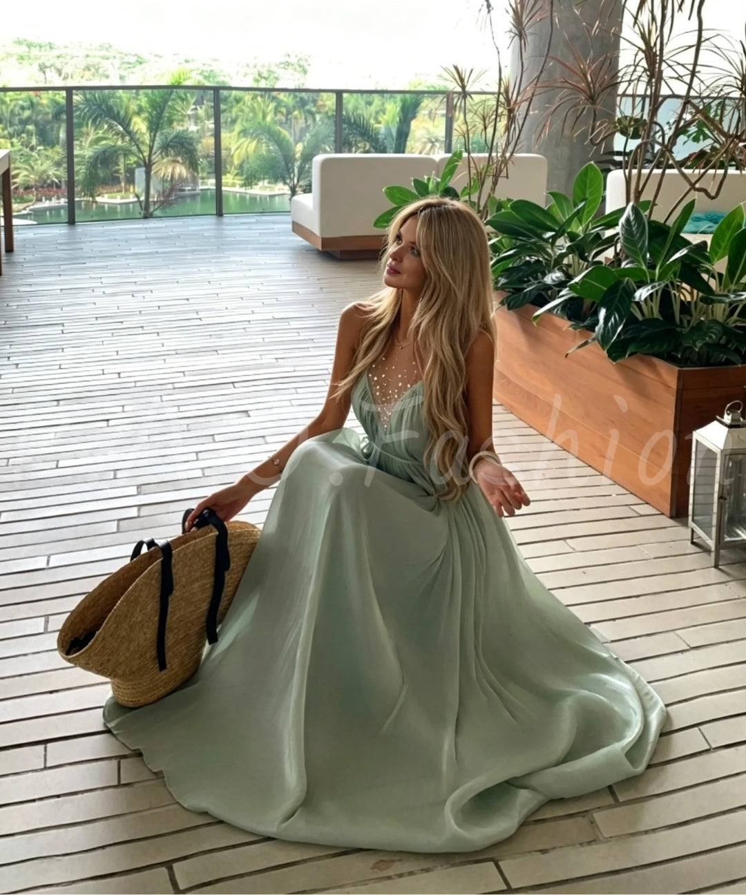 Beaded Mesh Pleated Maxi Dress
