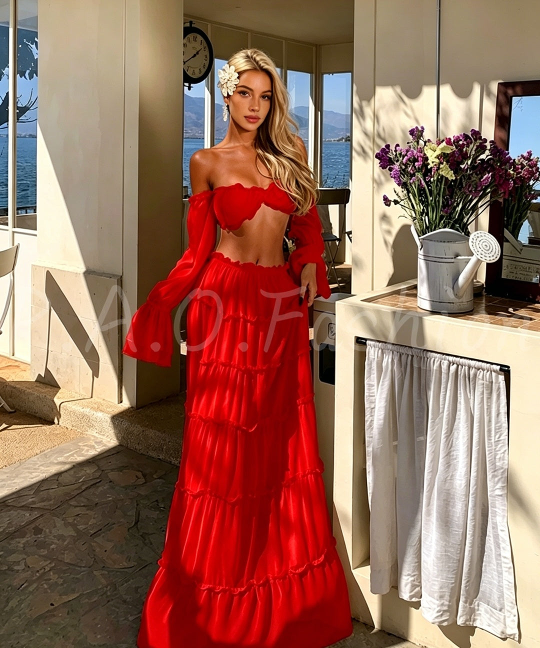 Off-Shoulder Ruffle Crop Top & Tiered Maxi Skirt Vacation Set
