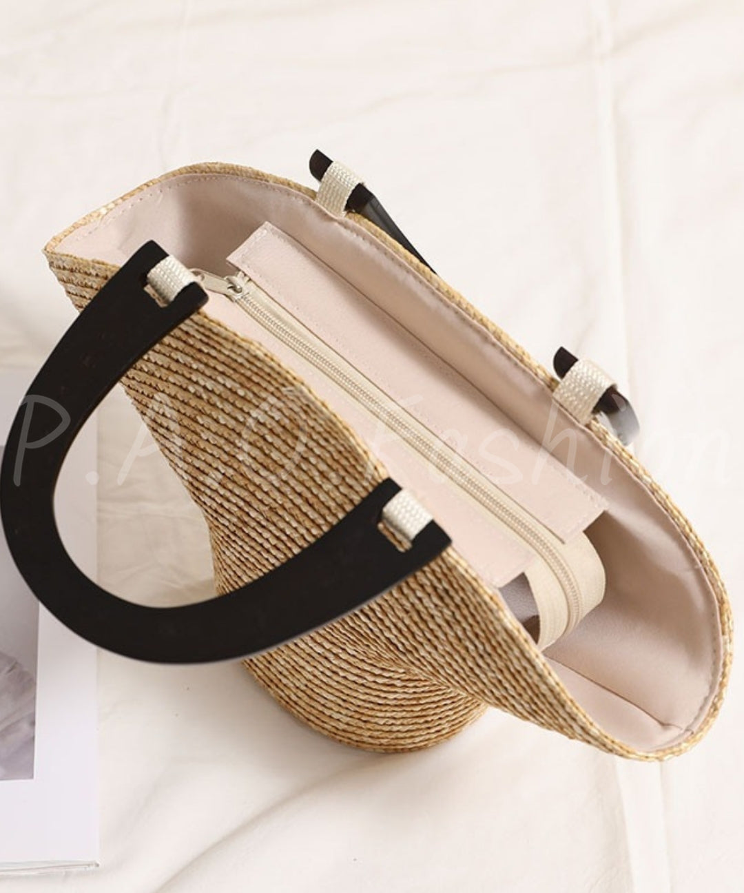 Wooden Handle Straw Tote Bag