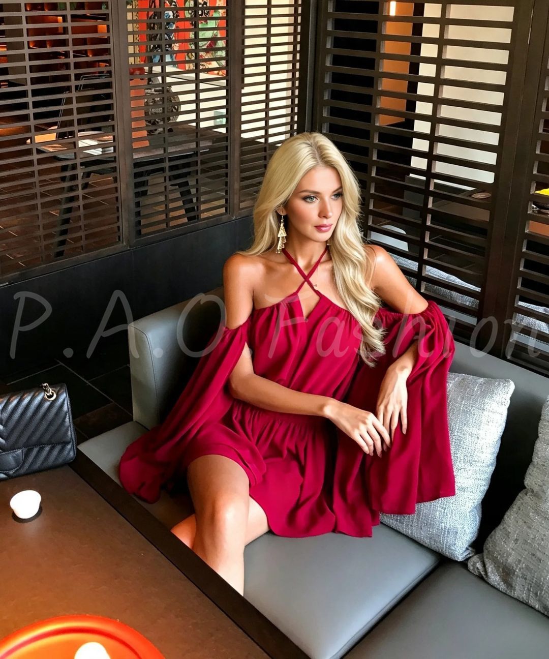 Burgundy Halter Off-Shoulder Chiffon Mini Dress
