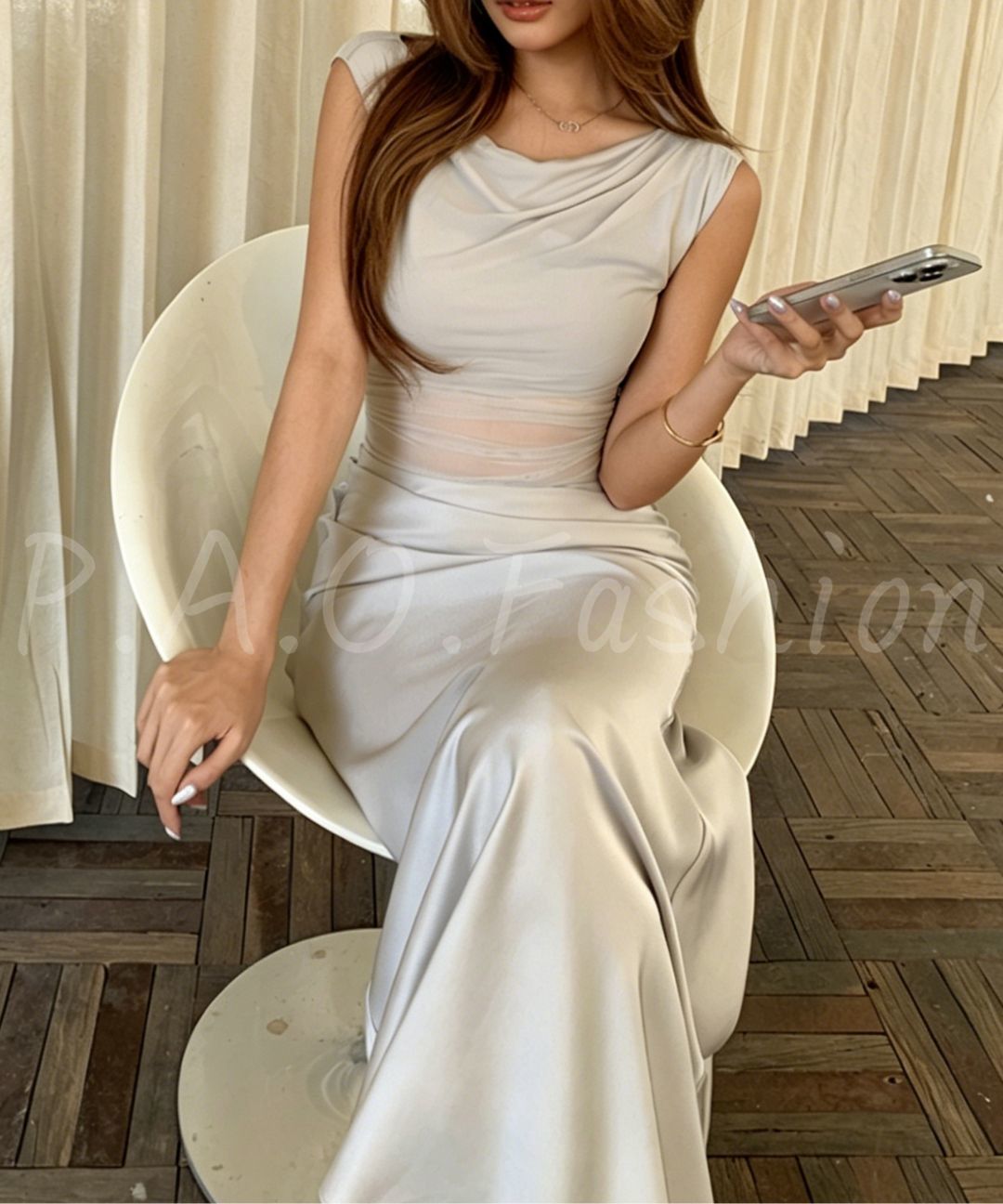 Mesh Panel Satin Maxi Dress