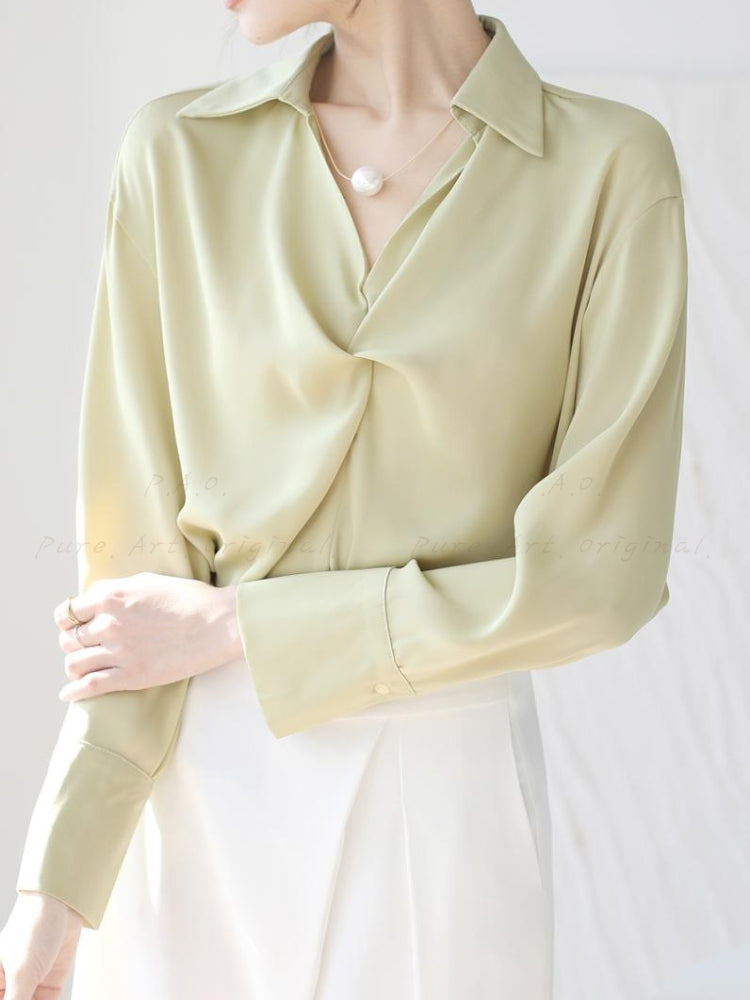 Satin Slim-Fit Shirt with Faux Pearl Necklace