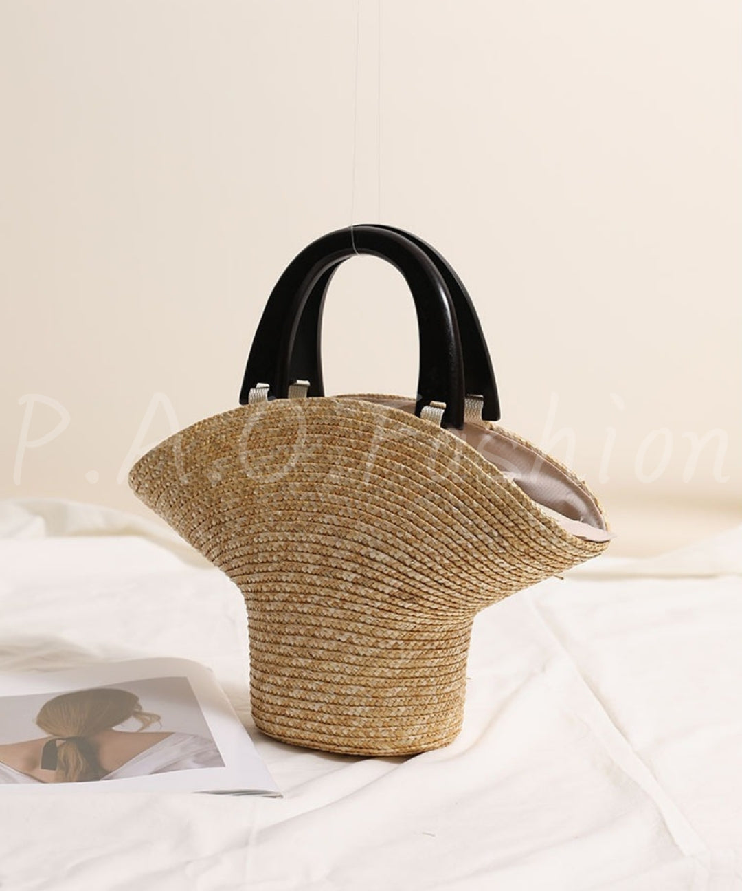Wooden Handle Straw Tote Bag