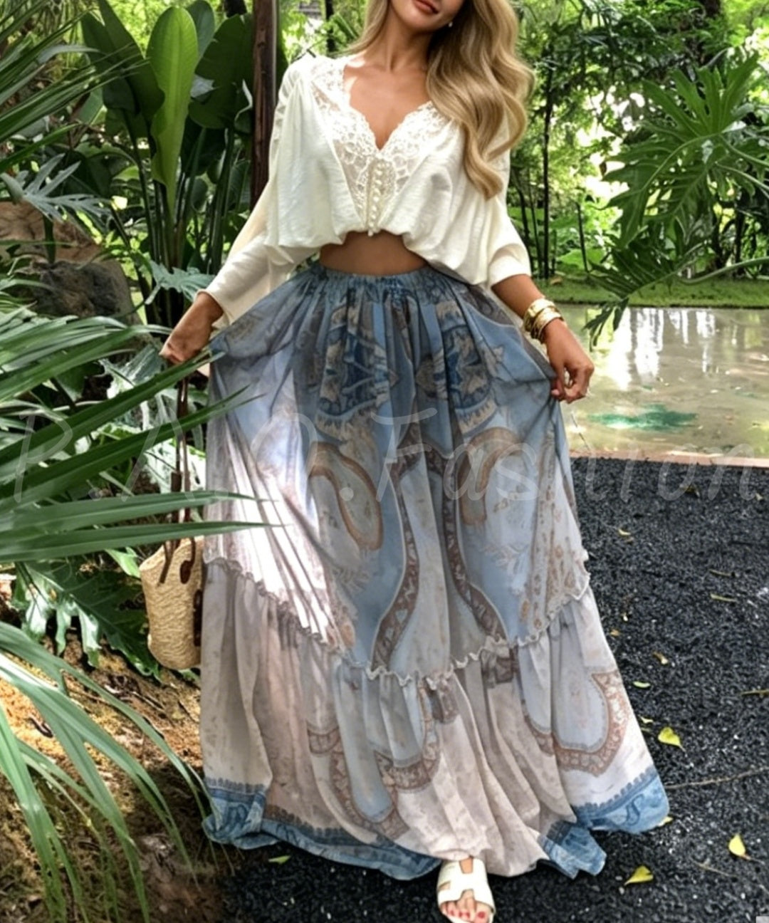 Bohemian Lace Print Two-Piece Skirt Set
