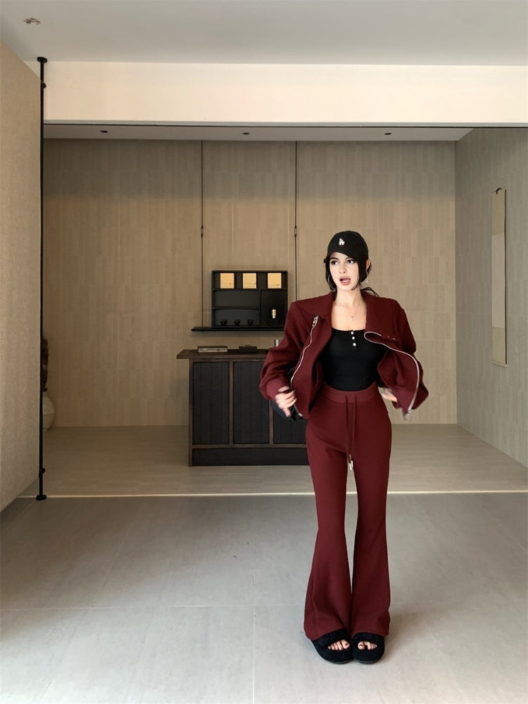 Slim-Fit Asymmetrical Zip Mock Neck Sweatshirt & Flared Pants Set