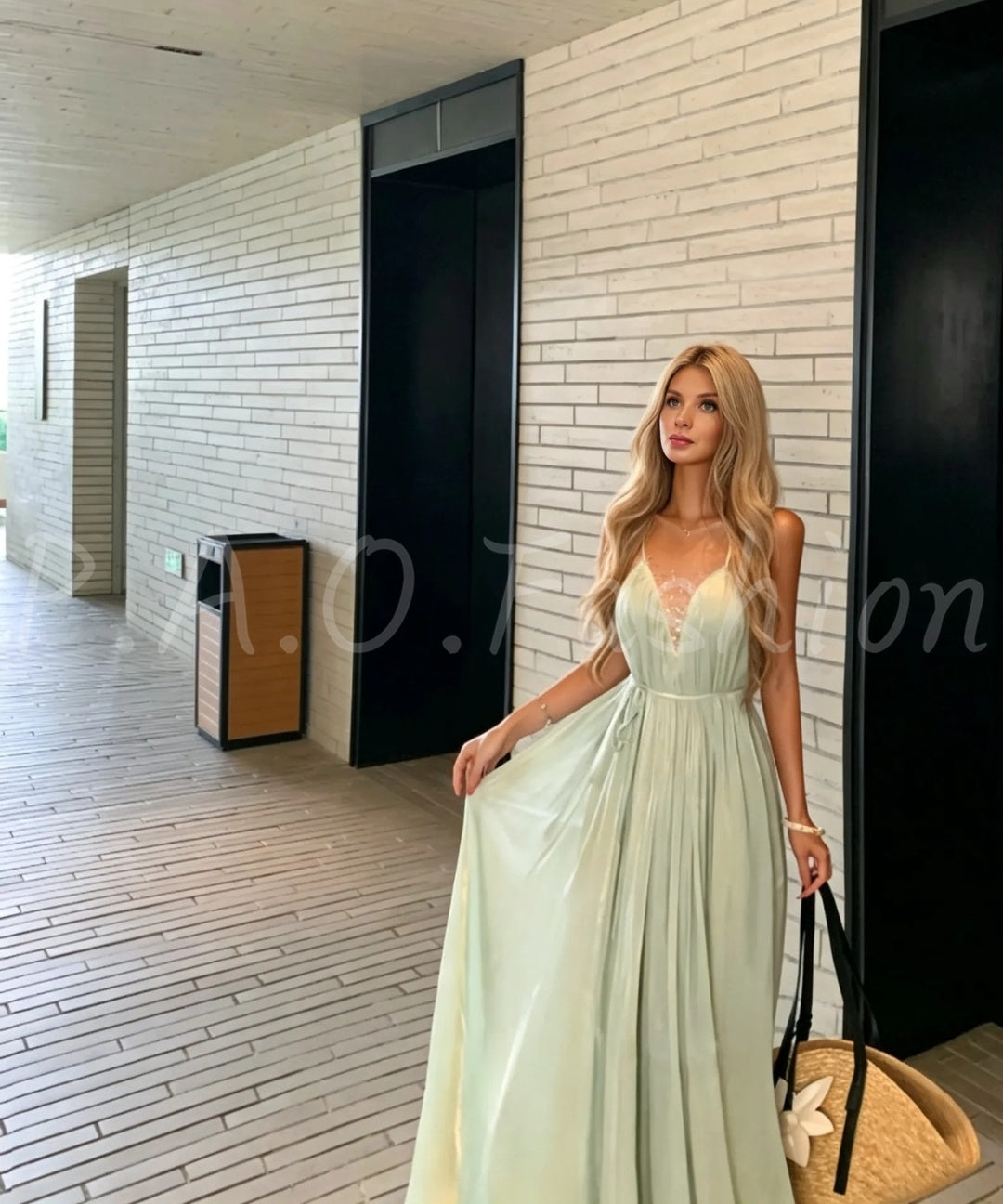 Beaded Mesh Pleated Maxi Dress