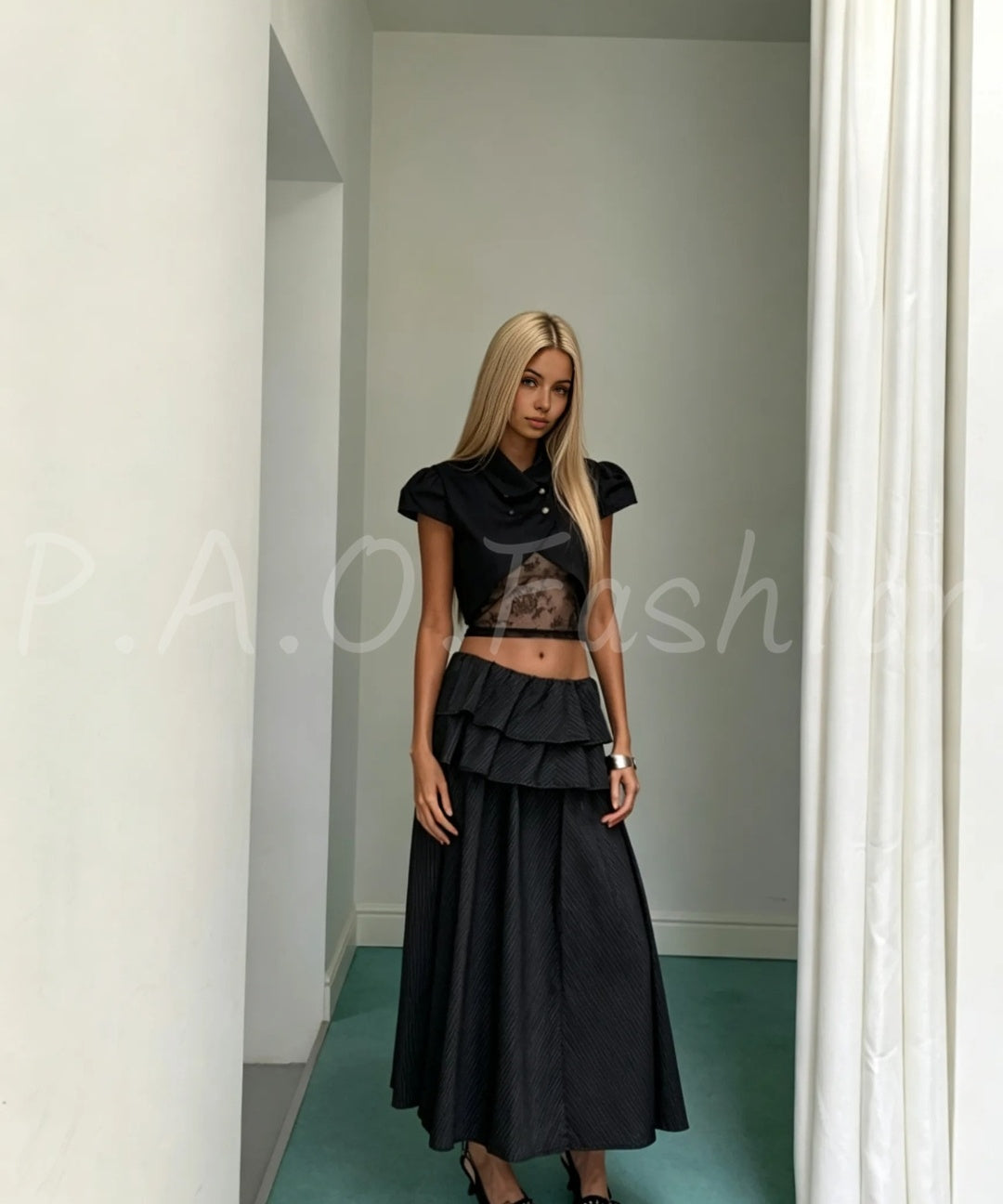 Cropped Puff Sleeve Jacket, Lace Bandeau & Tiered Maxi Skirt Three-Piece Set