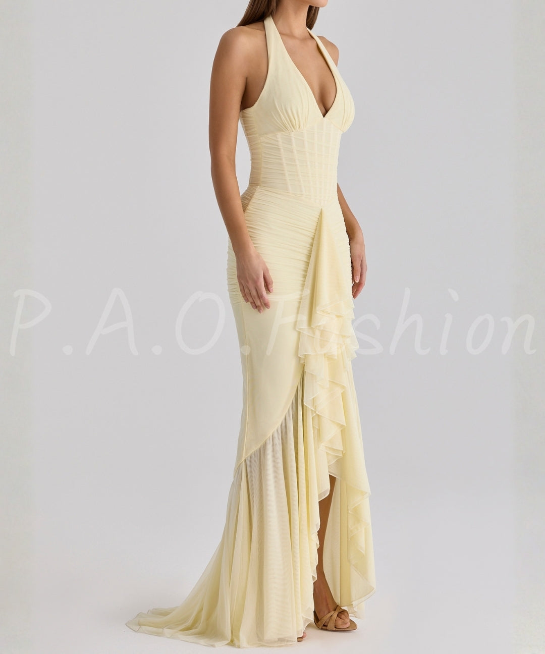 Halter Mesh Ruched Slit Maxi Dress[Available Now]