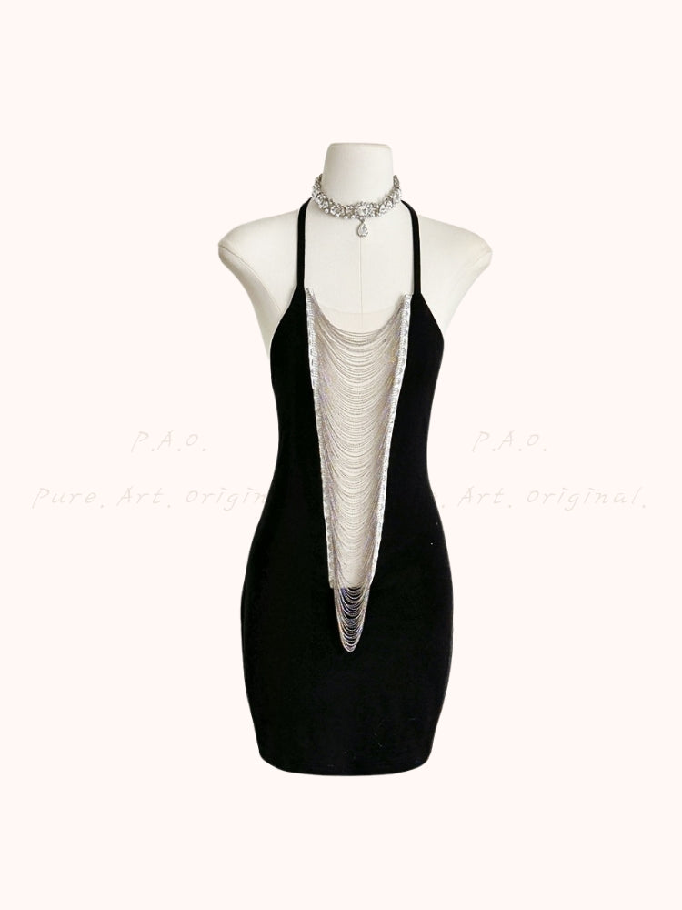 Halter Tie Rhinestone Fringe Backless Mini Dress