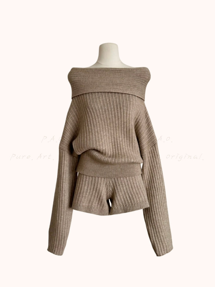 Off-Shoulder Knit Sweater & Relaxed Shorts Two-Piece Set
