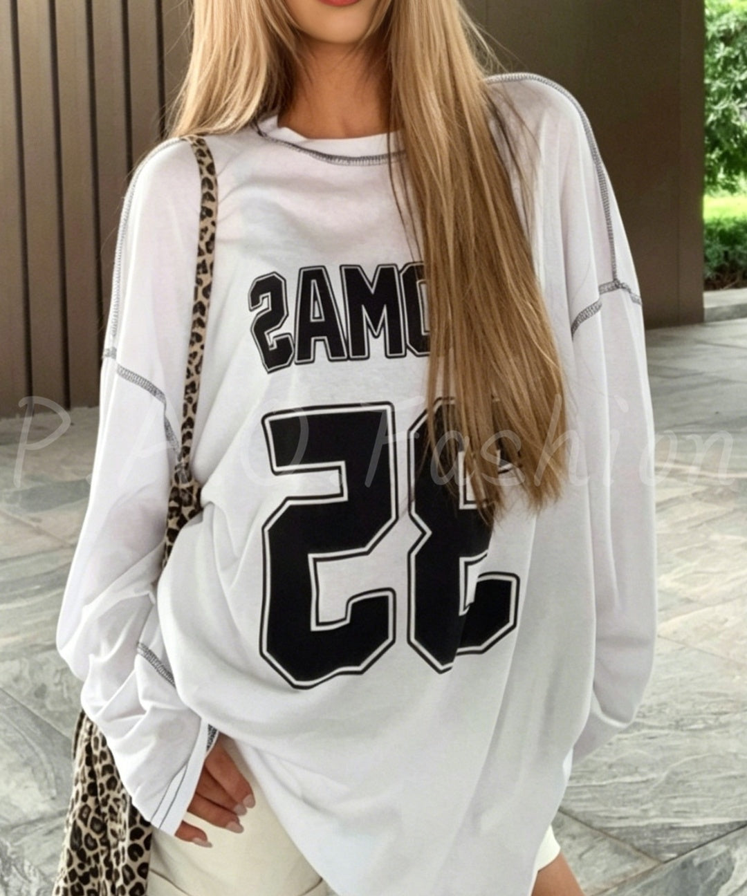 Vintage Varsity Off-Shoulder Oversized Long Sleeve Tee