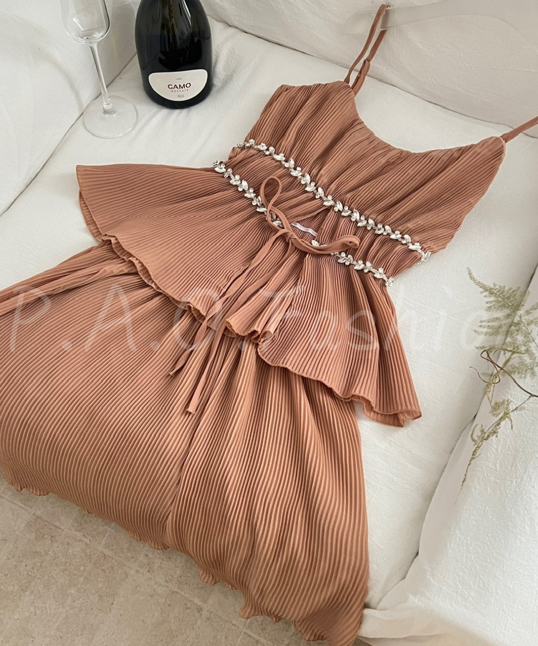 Crystal Pleated Cami Top & Midi Skirt Set[Available Now]