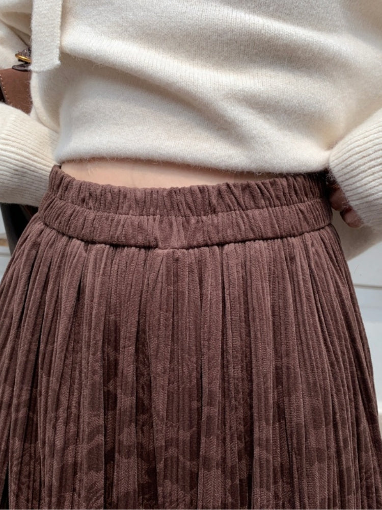 Vintage Suede-Like Pleated A-Line Skirt