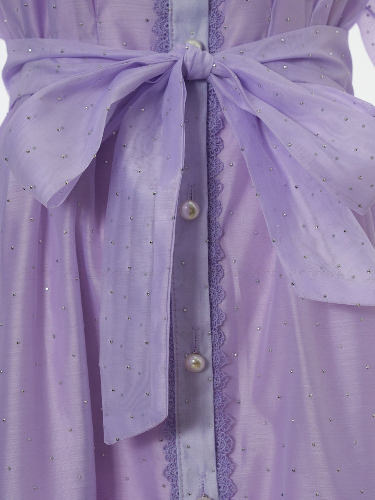 Rhinestone Organza Trim Tie-Waist Maxi Dress