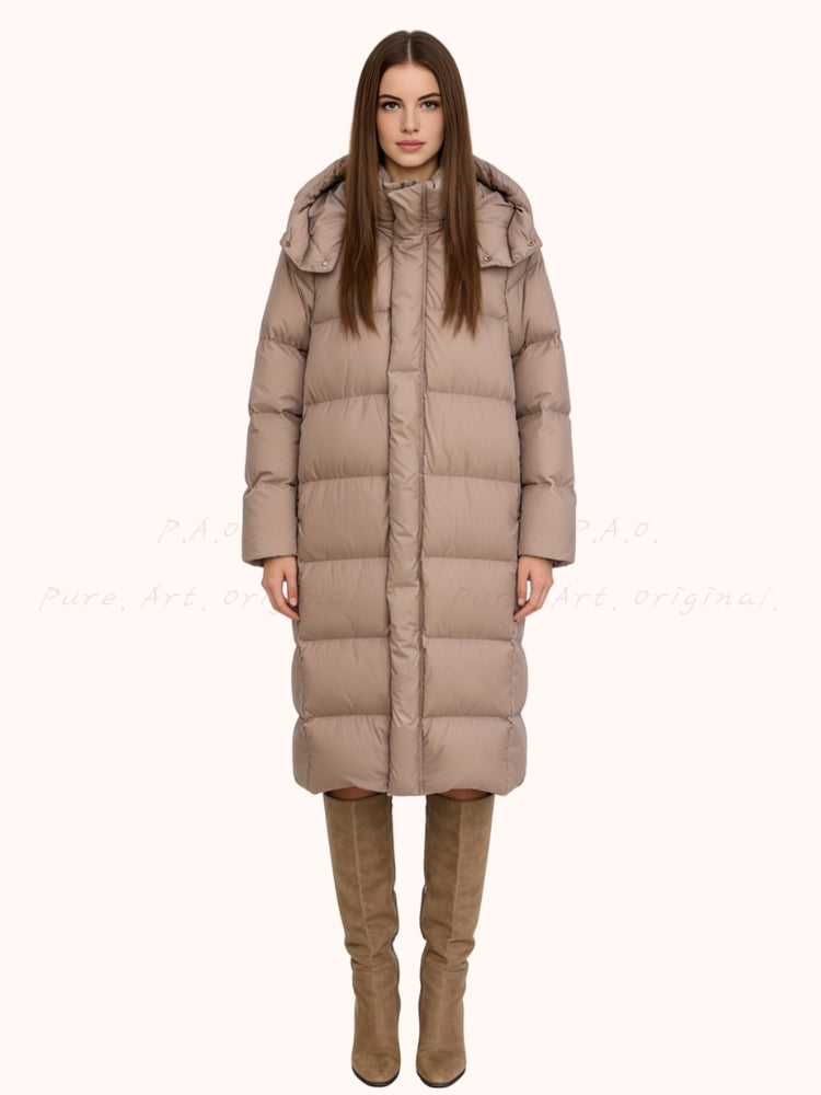 Minimalist Long Down Coat with Detachable Hood