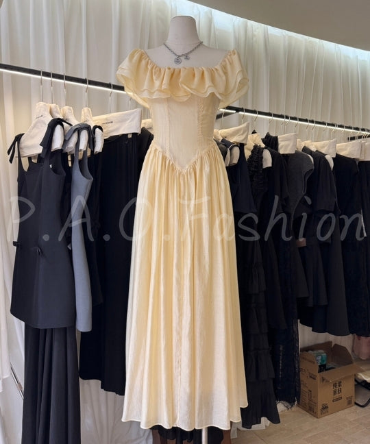 Off-Shoulder Ruffle Corset Maxi Dress