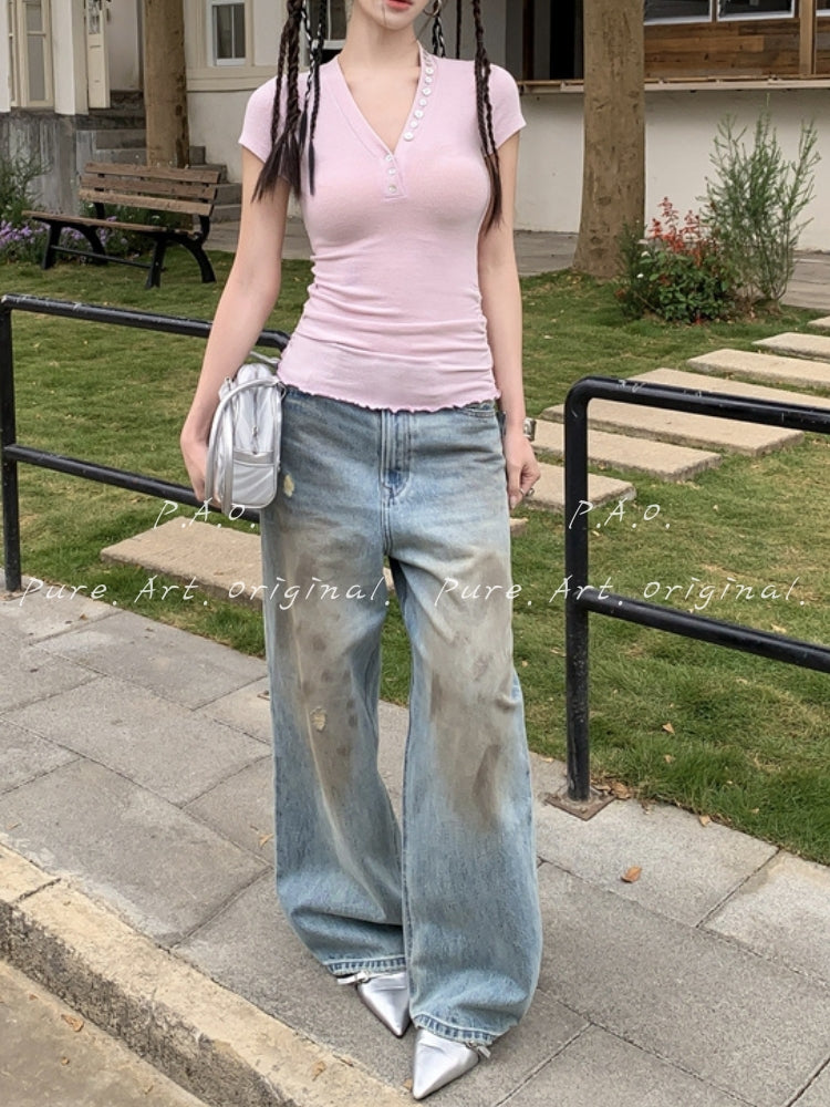 Ruched V-Neck Button Ribbed Crop Tee