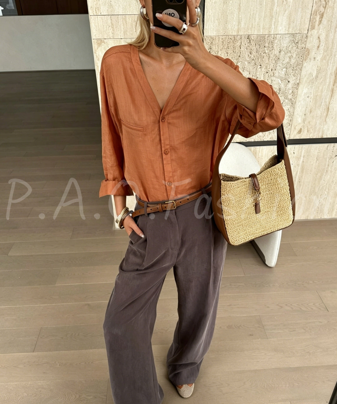 100% Ramie Relaxed V-Neck Shirt